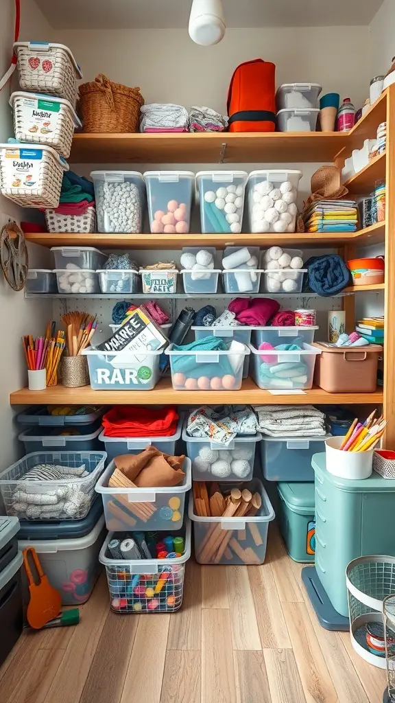 Organized craft room with plastic bins on shelves, showcasing various supplies.