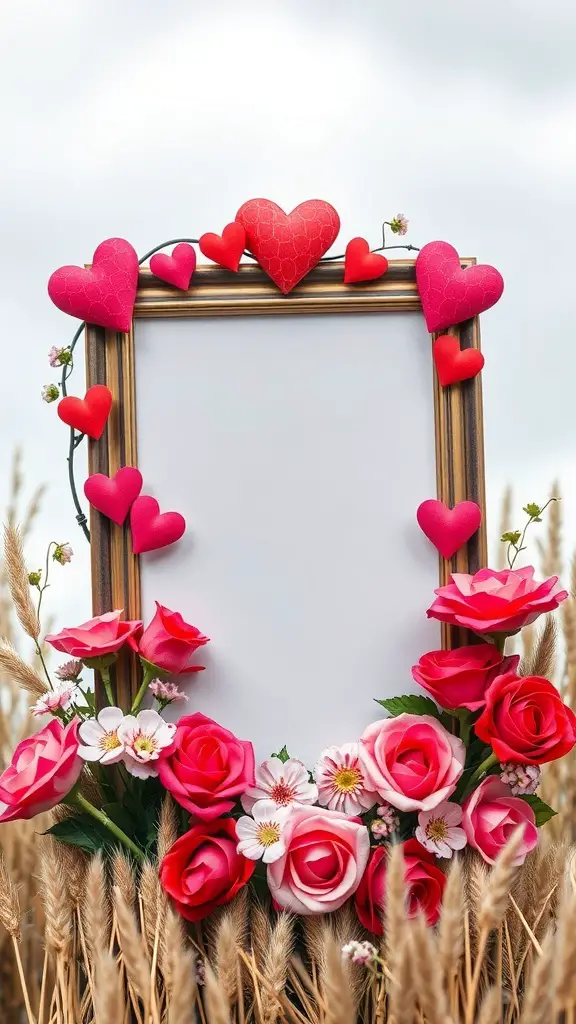 29+ Creative Valentine’s Crafts to Sell This Season 7 A decorative photo frame adorned with hearts and flowers, set against a field backdrop.