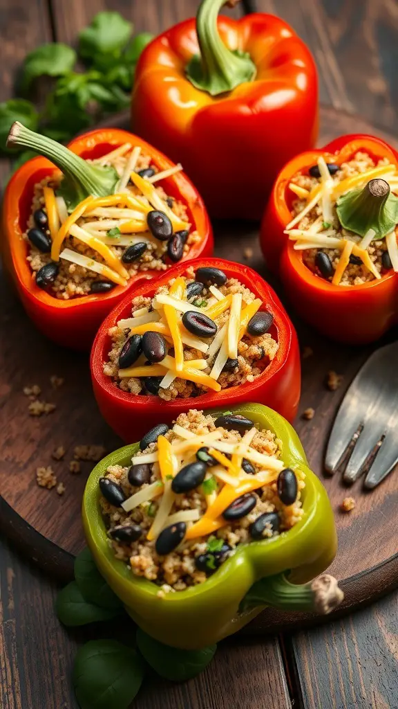 Stuffed bell peppers filled with quinoa, black beans, and cheese on a wooden platter.