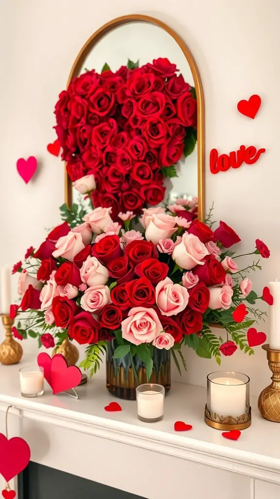 A beautiful mantle decor featuring a heart-shaped floral arrangement of red and pink roses, surrounded by heart decorations and candles.