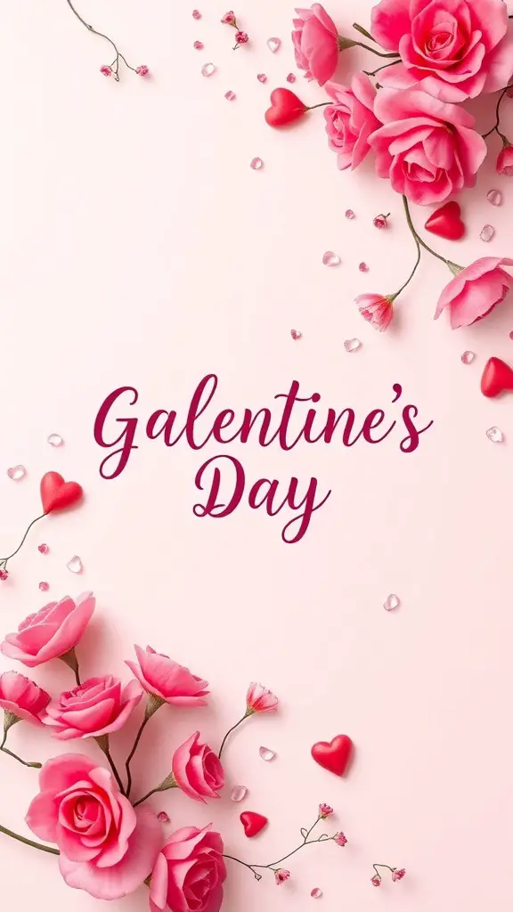 A beautifully designed Galentine's Day invitation featuring pink roses and heart shapes on a soft pink background.