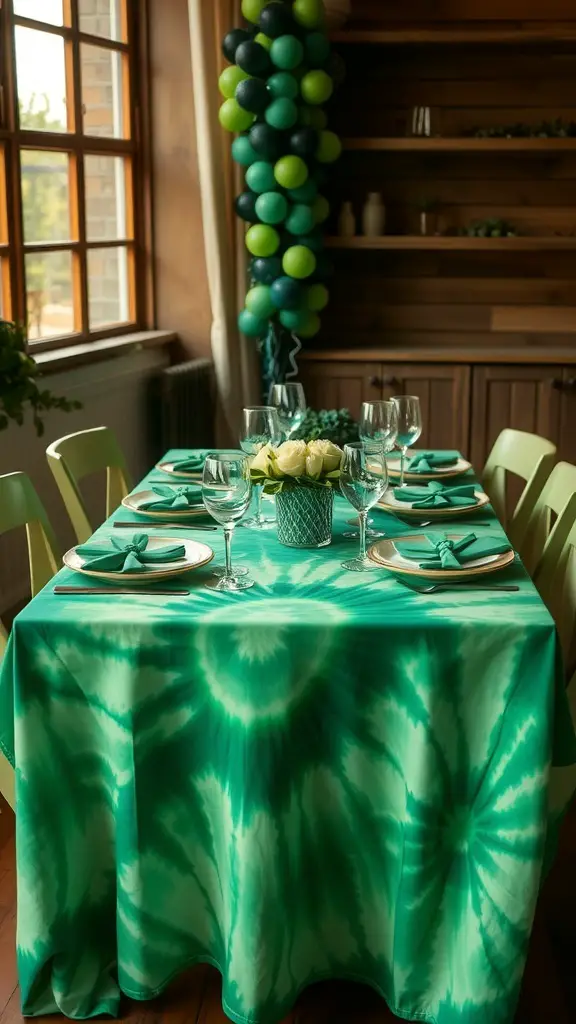 A beautifully set table with an emerald green tie-dye tablecloth, elegant tableware, and a centerpiece, perfect for St. Patrick's Day.