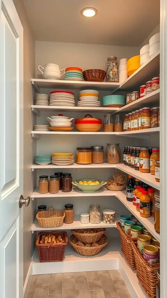 27+ Creative Corner Kitchen Pantry Ideas to Maximize Your Space 7 A corner kitchen pantry featuring open shelving with colorful dishes, jars, and baskets, showcasing an organized and accessible space.