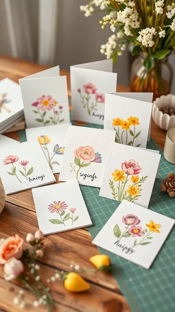 A collection of handmade spring greeting cards with floral designs on a wooden table.