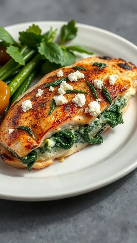 Savory Spinach and Feta Stuffed Chicken on a plate with vegetables