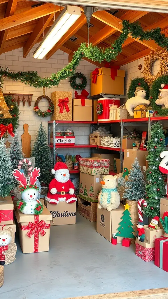 A well-organized storage shed filled with seasonal decorations like Christmas trees, snowmen, and wreaths.