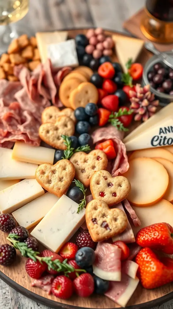 A beautifully arranged Valentine's Day charcuterie board featuring cheeses, meats, fruits, and heart-shaped snacks.