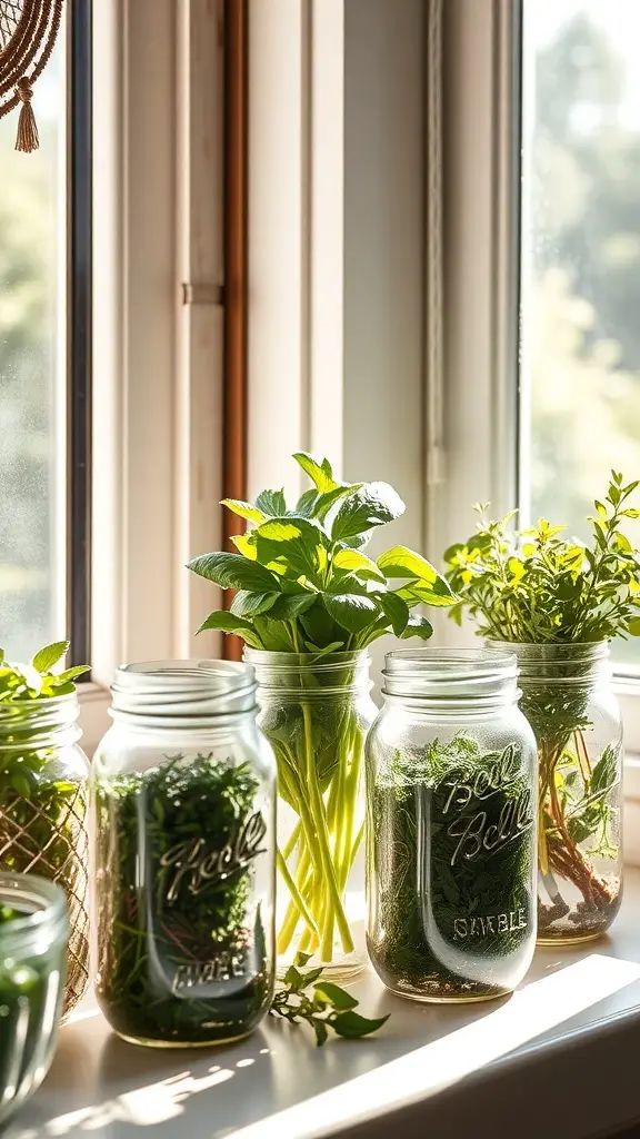 Mason jars filled with fresh herbs on a windowsill