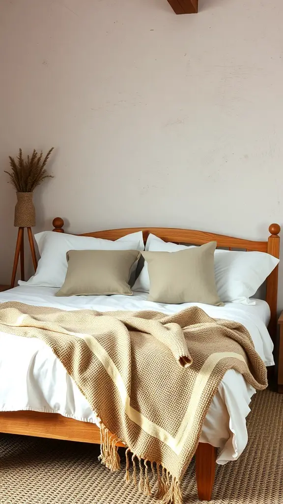 A cozy bedroom featuring a wooden bed with beige pillows and a soft blanket, complemented by a jute rug and a vase of dried grass.