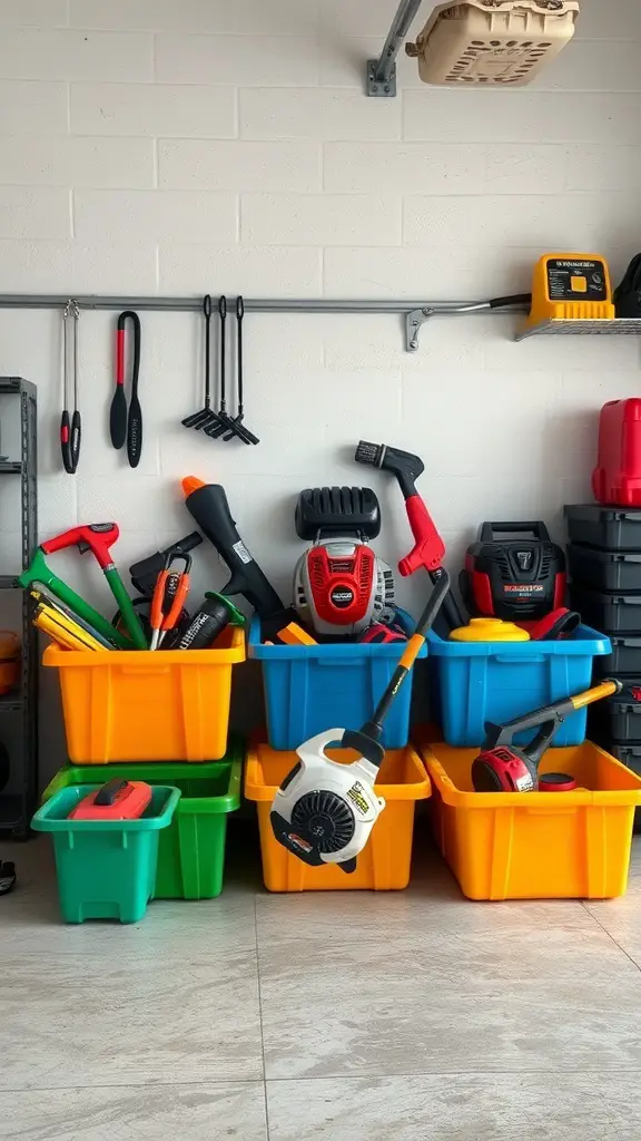 Colorful storage bins filled with weedeater accessories and tools