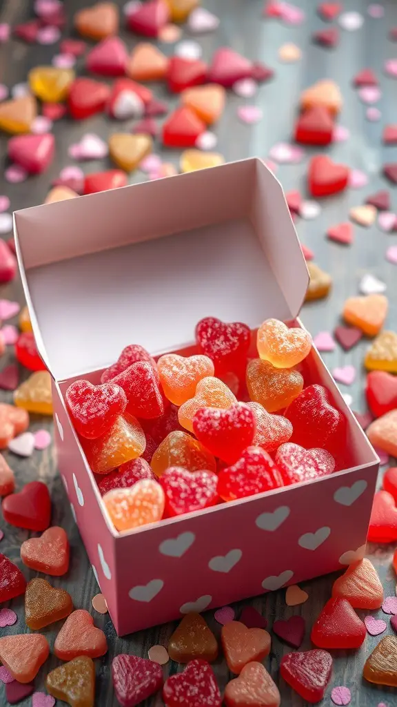 27+ Creative Sweet Box Ideas for Valentine's Day 16 A pink box filled with heart-shaped gummies surrounded by colorful heart-shaped candies.