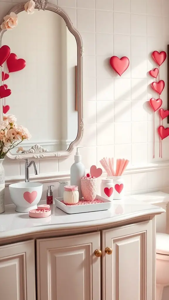 29+ Adorable Valentine Bathroom Decor Ideas for a Romantic Touch 11 A beautifully decorated bathroom with heart-themed accessories, featuring red and pink colors.