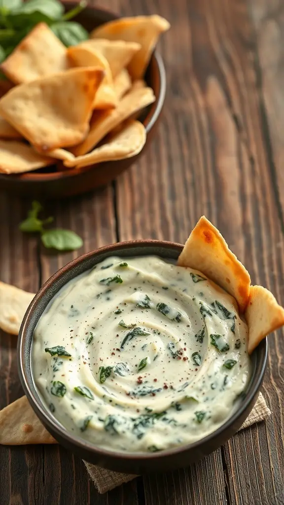 A bowl of creamy spinach dip with pita chips on the side.