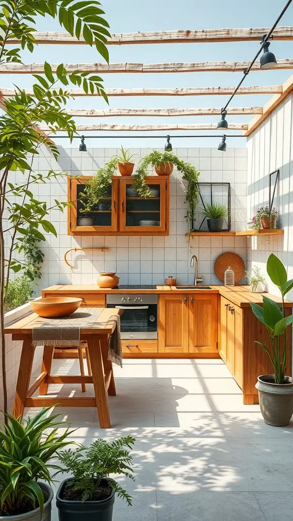 A terrace kitchen featuring wooden cabinets, a dining table, and various plants, showcasing sustainable design elements.