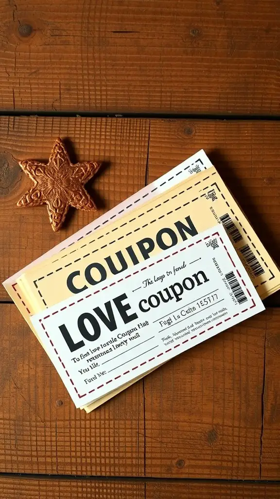 A customized coupon book with love coupons and a decorative star on a wooden table.