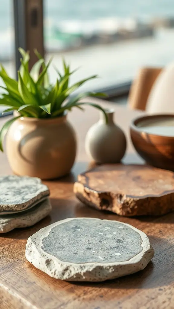 Natural stone coasters on a wooden table with plants and decorative items.