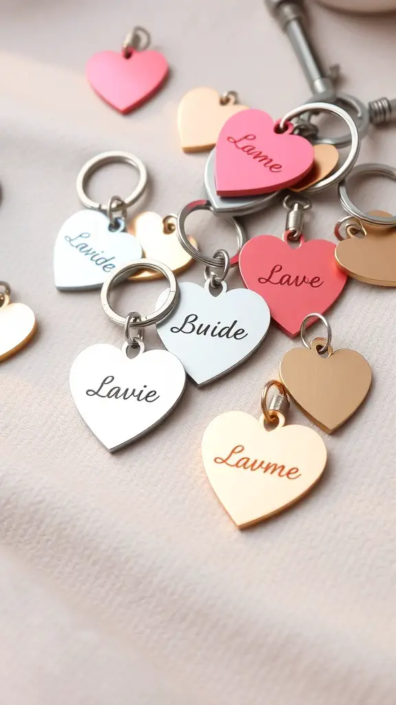 A collection of heart-shaped keychains in various colors and designs.