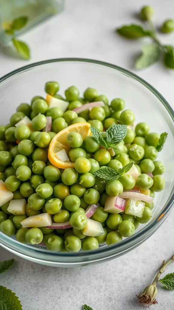 A bowl of fresh Spring Pea and Mint Salad with lemon slices and mint leaves.
