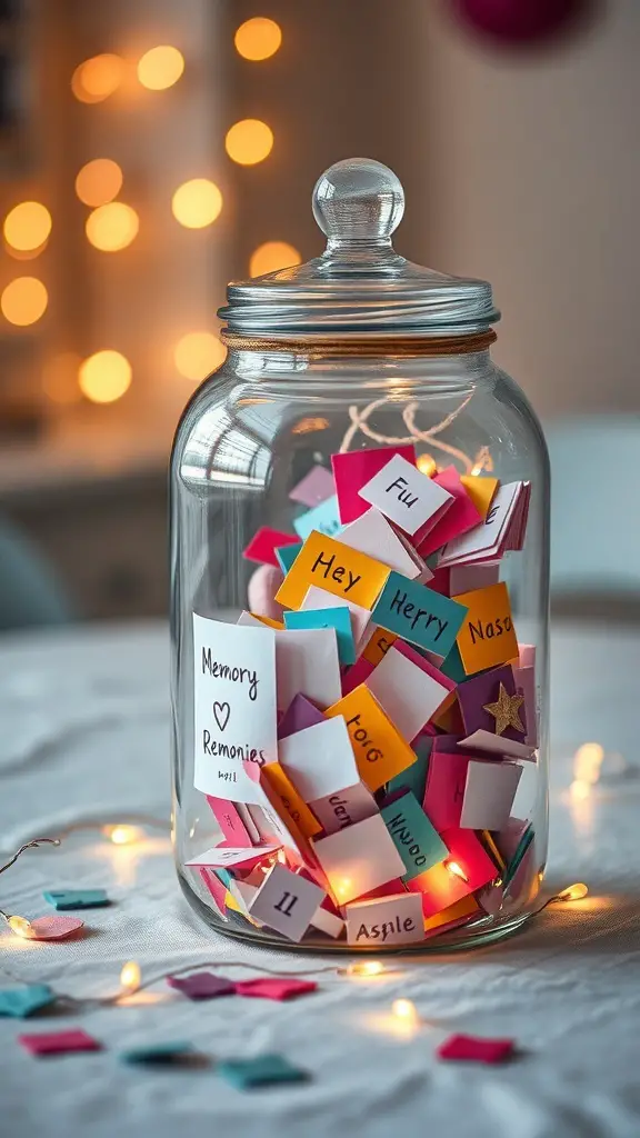A glass jar filled with colorful notes and fairy lights, symbolizing a DIY Memory Jar.