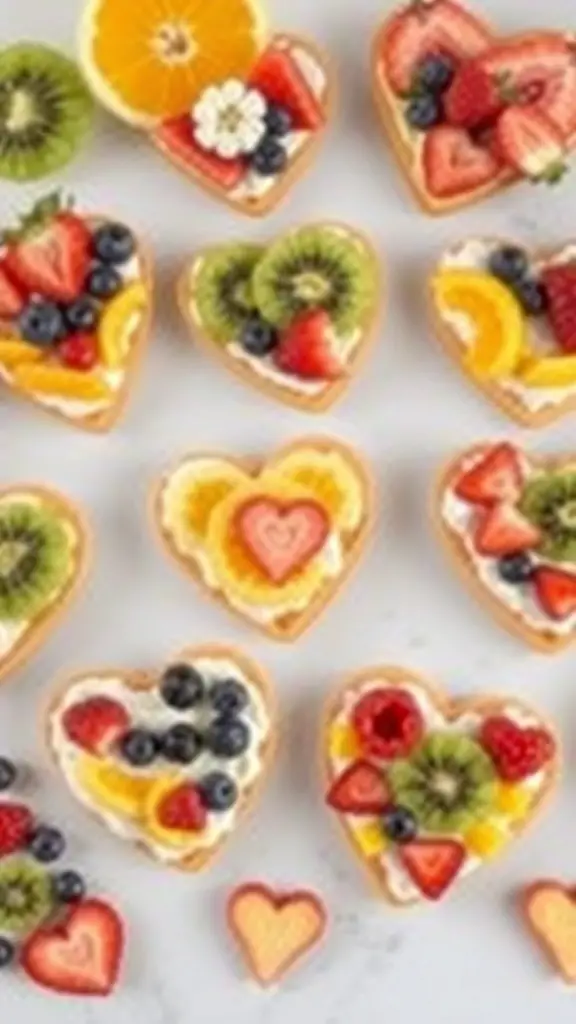 Colorful heart-shaped fruit pizzas topped with various fruits like strawberries, blueberries, and kiwi.