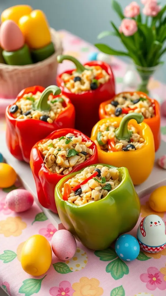 Colorful stuffed bell peppers filled with rice and vegetables, surrounded by Easter decorations.