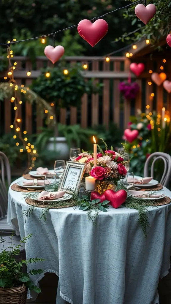 A beautifully arranged garden party table for Valentine's Day with heart decorations, flowers, and candles.