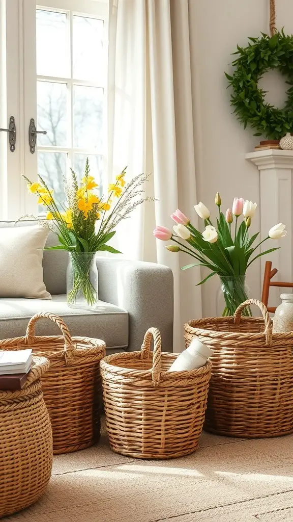 A cozy living room with woven baskets used for storage, filled with flowers and placed near a couch.