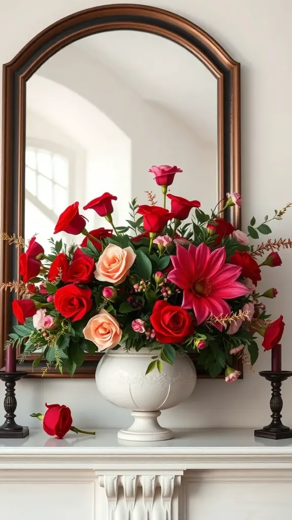 A beautiful floral arrangement with red and pink roses and lilies in a white vase on a mantle.