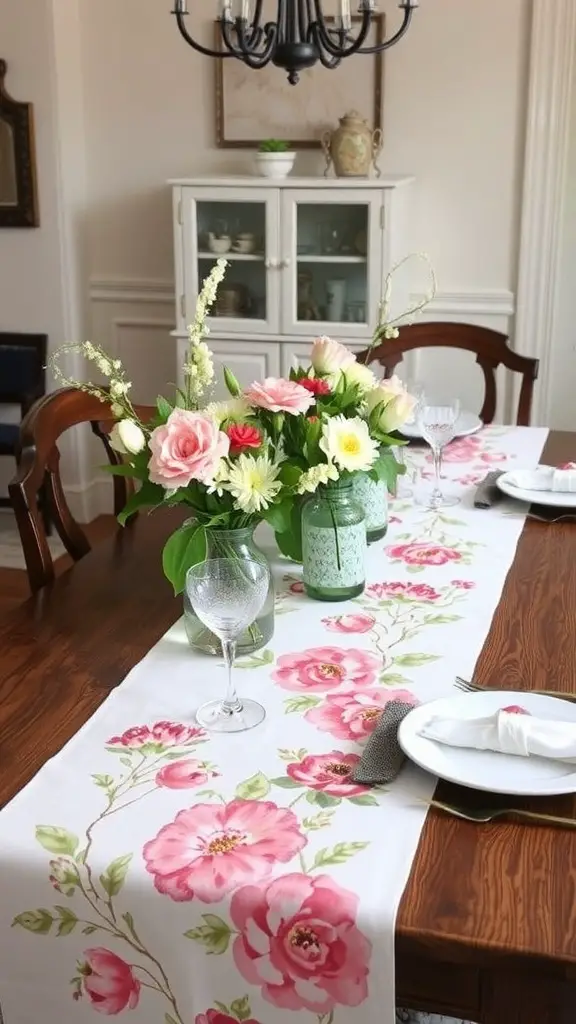 A spring-themed table setting with a floral table runner, white plates, and colorful flowers.