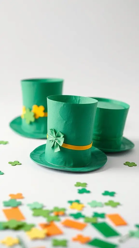 Three DIY leprechaun hats in green with decorative elements, surrounded by shamrock confetti.