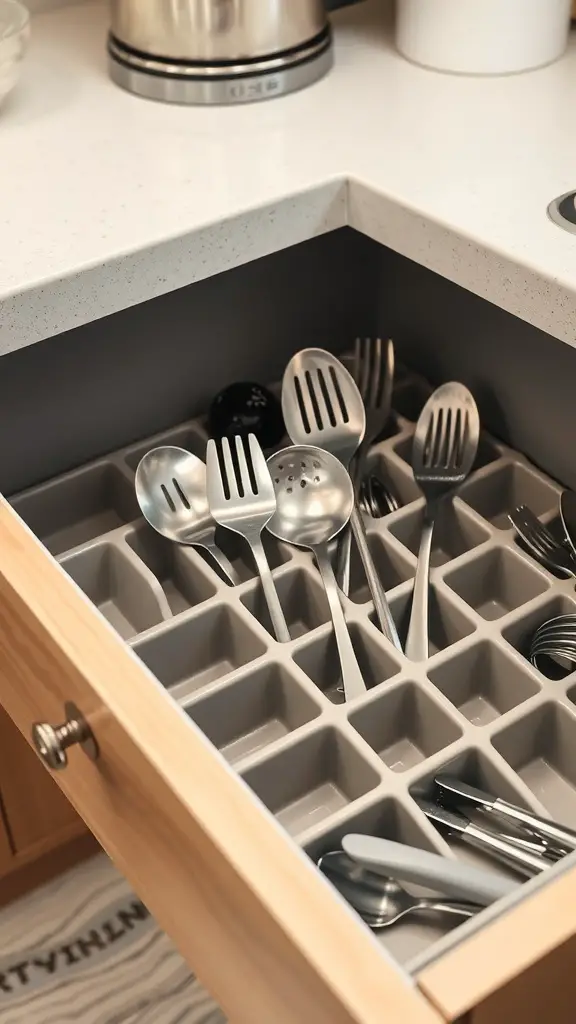 A kitchen drawer organized with gray dividers holding various utensils.