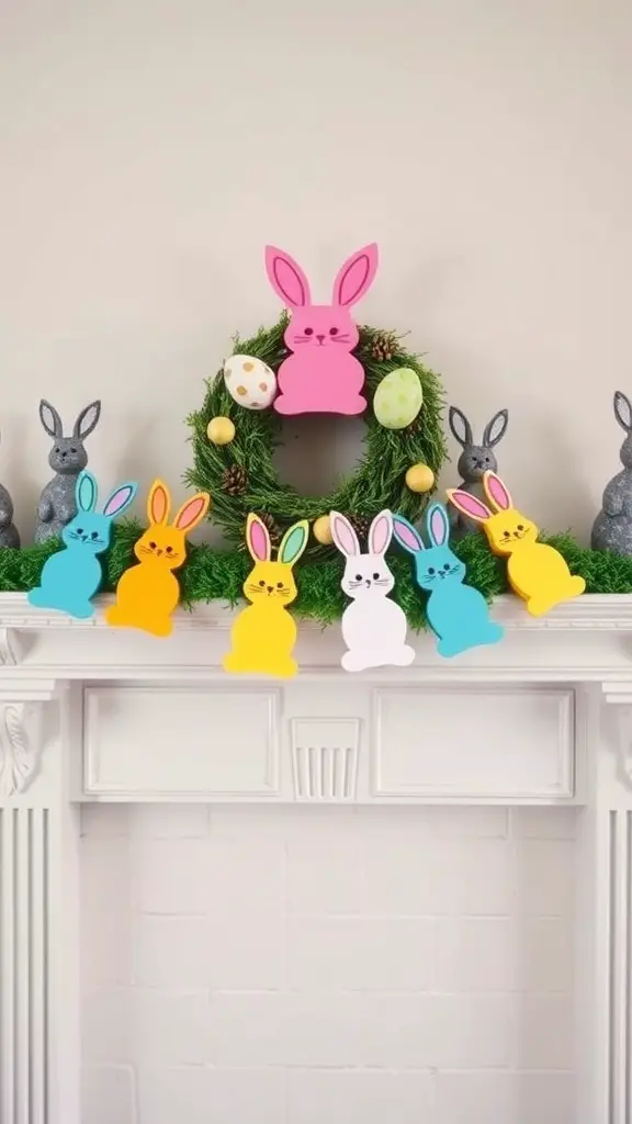 Colorful Easter garland with bunny cutouts and a wreath on a mantel