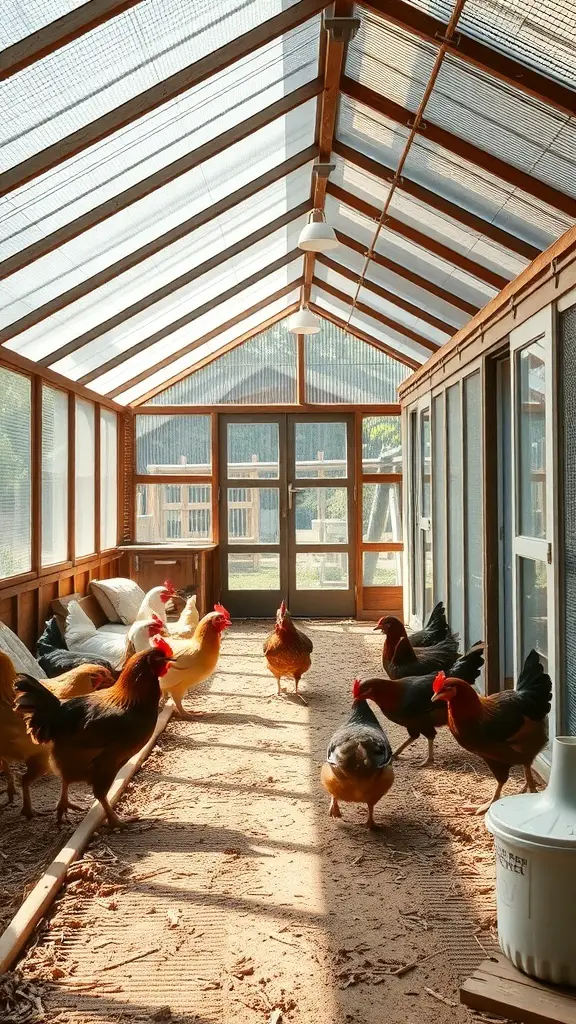 Chickens roaming in a greenhouse coop with natural light and sandy floor.