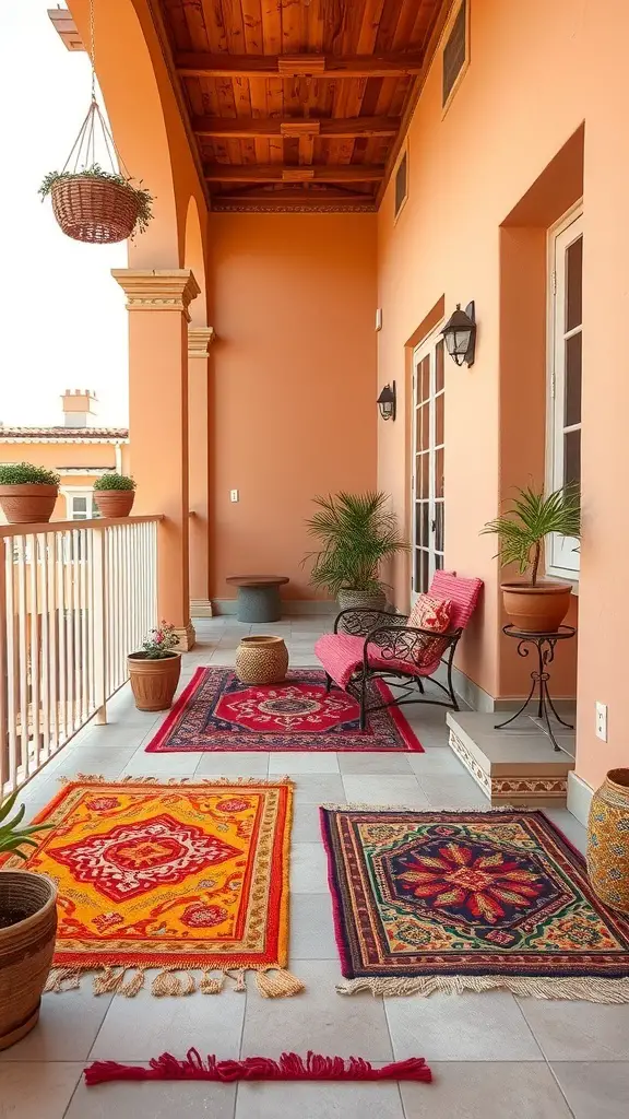 27+ Inspiring Flat Balcony Ideas 10 A colorful balcony featuring various outdoor rugs in vibrant patterns and colors.