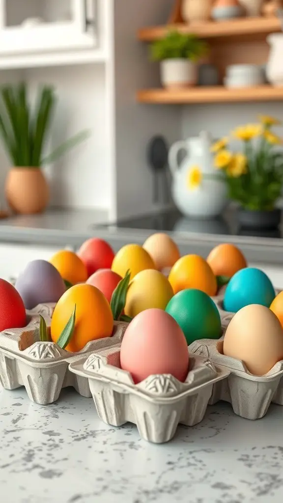 Colorful eggs displayed in an egg carton on a kitchen counter