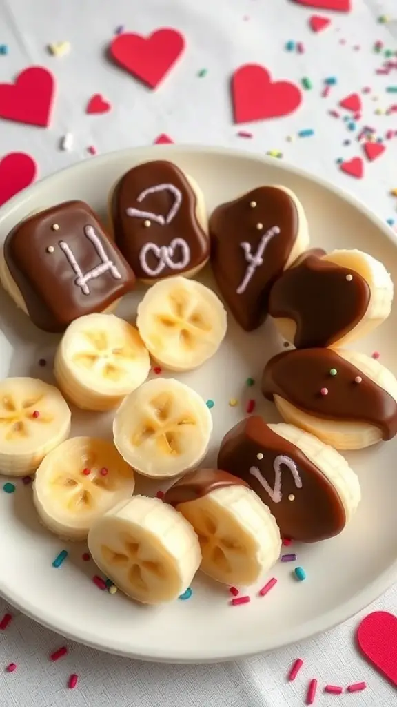 Plate of chocolate-dipped banana bites with heart decorations