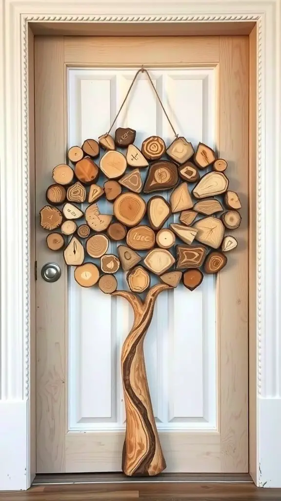 A decorative door hanger shaped like a tree made from various wood slices.