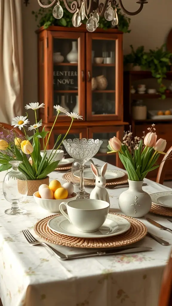 A beautifully set Easter table with flowers, eggs, and a bunny figurine.