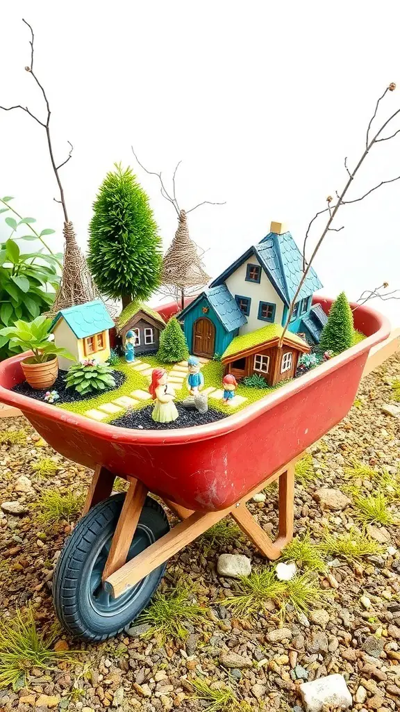 29+ Creative Wheelbarrow Garden Ideas 7 A colorful fairy garden set up in a red wheelbarrow, featuring miniature houses and figures.