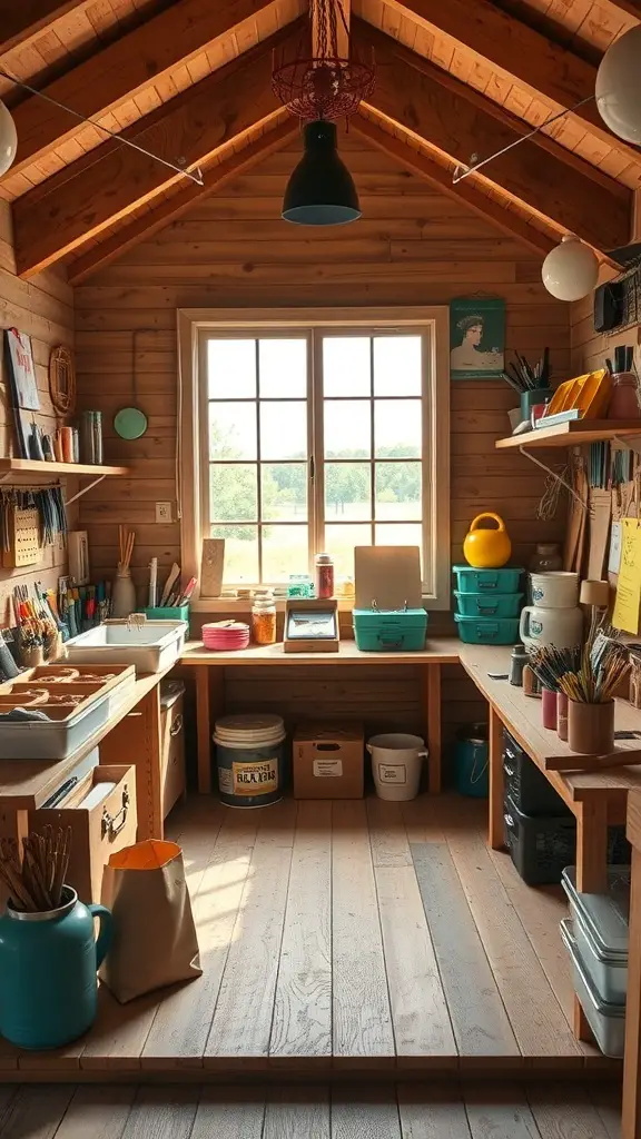 27+ Creative Party Shed Ideas 15 Interior of a crafting workshop shed with wooden walls, a workbench, and organized supplies.