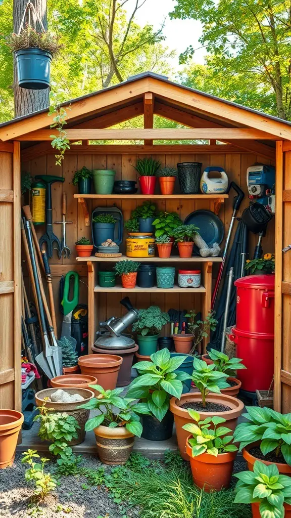 A well-organized gardening shed filled with plants and tools, showcasing storage solutions.