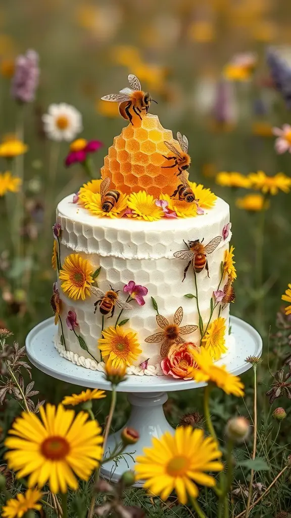 A beautifully decorated wildflower cake with bees and honeycomb on top, surrounded by flowers.
