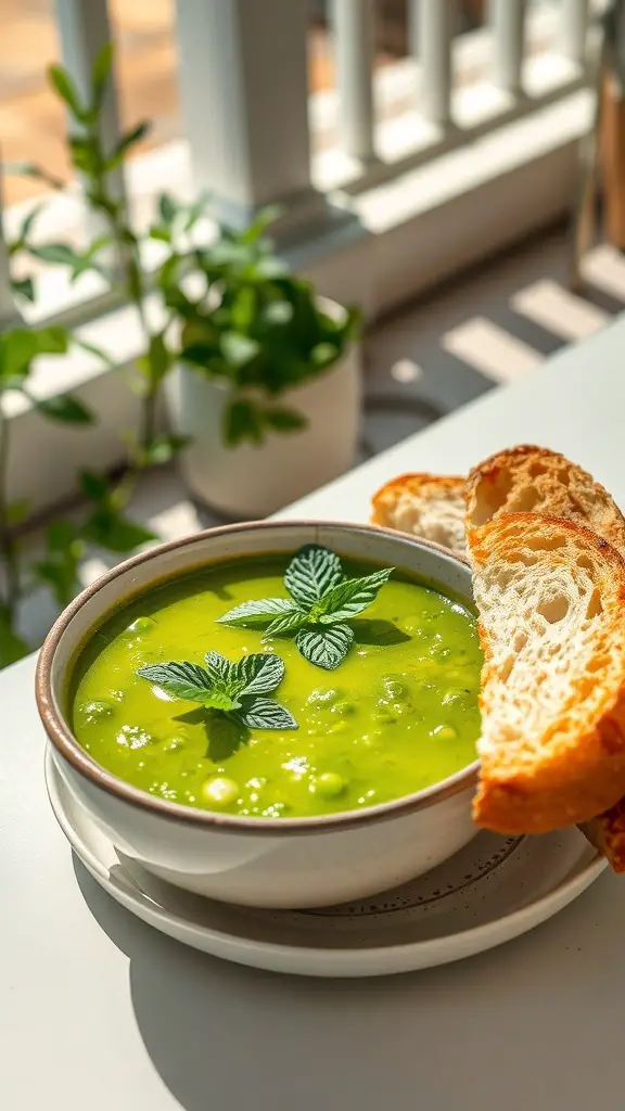 A bowl of vibrant green spring pea soup garnished with mint leaves, accompanied by a slice of bread.