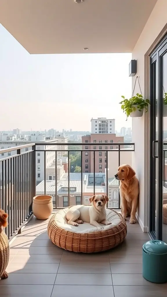 27+ Inspiring Flat Balcony Ideas 14 A pet-friendly balcony with dogs lounging on beds and plants hanging.