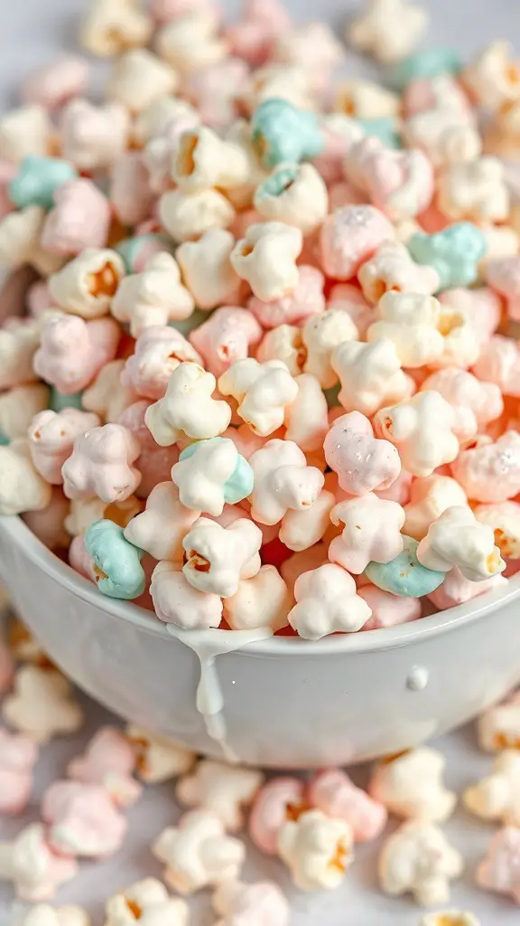 A bowl of colorful popcorn with pink and blue candy coating, perfect for Easter celebrations.