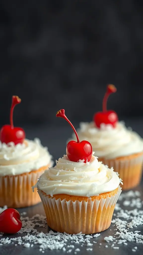 Three heart-shaped coconut cream cupcakes topped with frosting and cherries