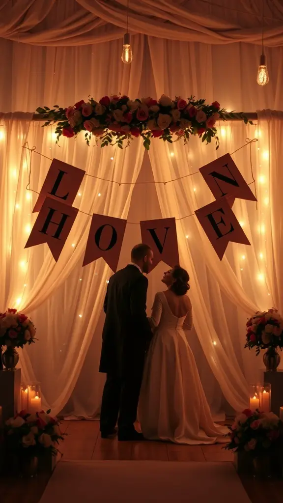 A romantic setting with a 'LOVE' banner, soft drapes, flowers, and candles.
