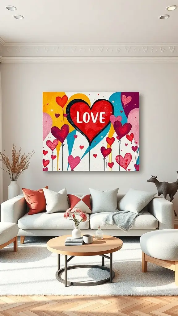 27+ Creative DIY Valentine’s Day Decor Ideas You’ll Love 8 Colorful wall art featuring hearts and the word 'LOVE' in a cozy living room setting.
