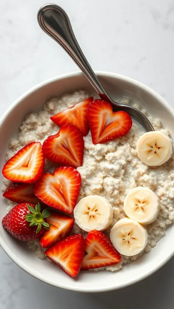 A bowl of oatmeal topped with heart-shaped strawberries and banana slices.