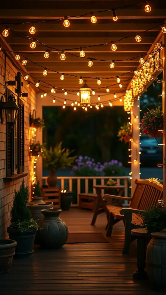 A cozy porch decorated with warm string lights and potted plants, creating a romantic atmosphere.